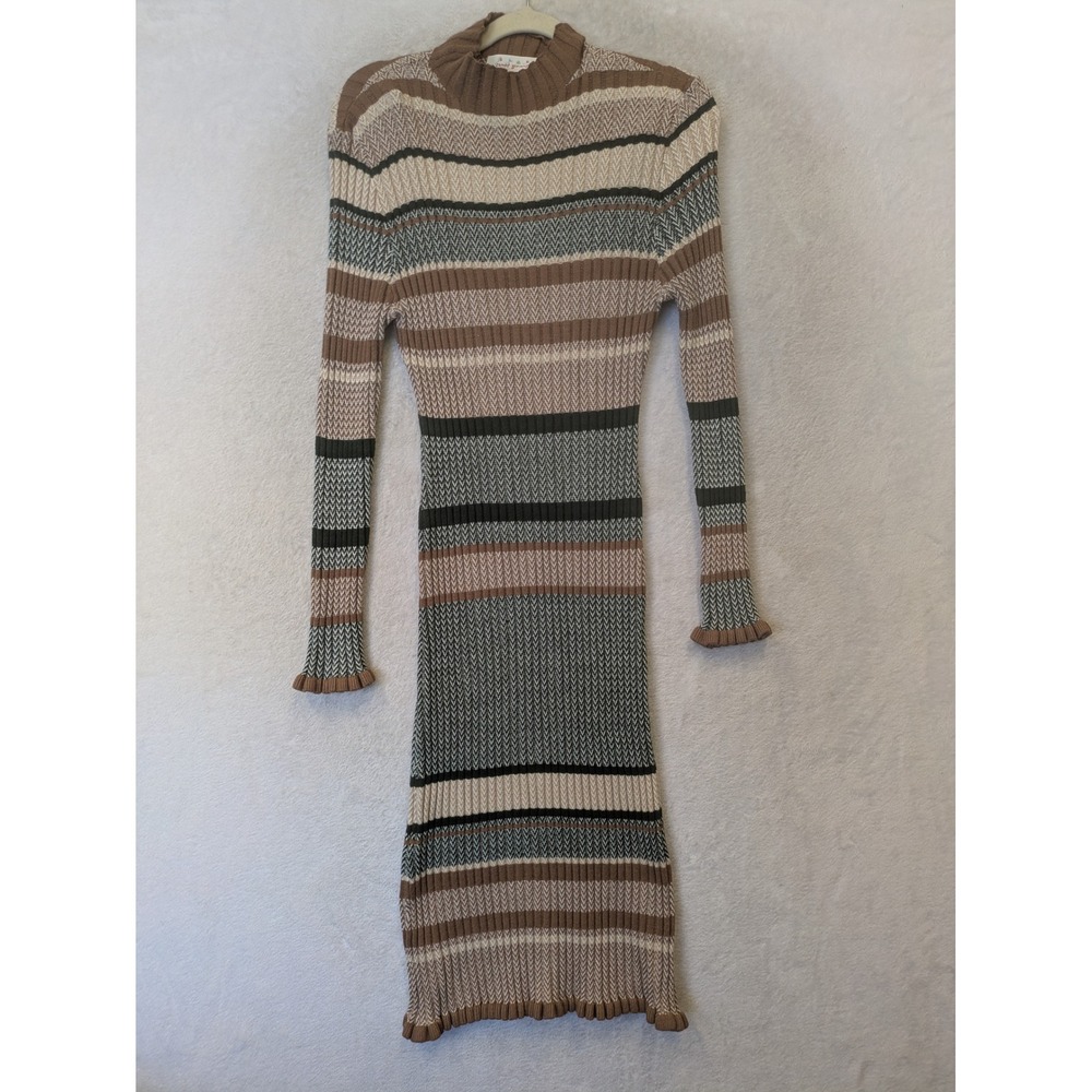 Sweet Generis Sweater Dress Women's S/M Brown Striped Mock Neck Ribbed Midi